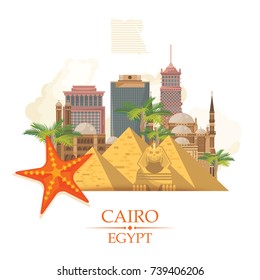 Egypt travel poster. Vector vacation banner. Background with ancient egyptian icons in flat modern style. 