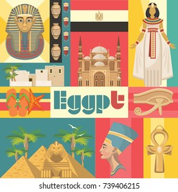 Egypt travel poster. Vector vacation banner. Background with ancient egyptian icons in flat modern style. 
