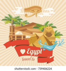 Egypt travel poster. Vector vacation banner. Background with ancient egyptian icons in flat modern style. 