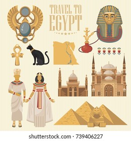 Egypt travel poster. Vector vacation banner. Background with ancient egyptian icons in flat modern style. 