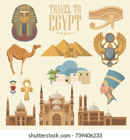 Egypt travel poster. Vector vacation banner. Background with ancient egyptian icons in flat modern style. 