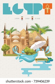 Egypt travel poster. Vector vacation banner. Background with ancient egyptian icons in flat modern style. 