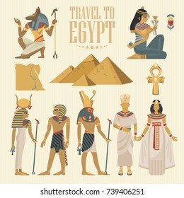 Egypt travel poster. Vector vacation banner. Background with ancient egyptian icons in flat modern style. 