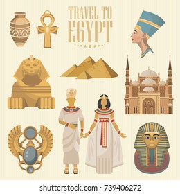 Egypt travel poster. Vector vacation banner. Background with ancient egyptian icons in flat modern style. 