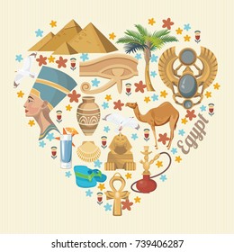 Egypt travel poster. Vector vacation banner. Background with ancient egyptian icons in flat modern style. 