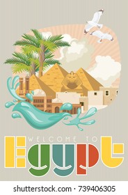 Egypt travel poster. Vector vacation banner. Background with ancient egyptian icons in flat modern style. 