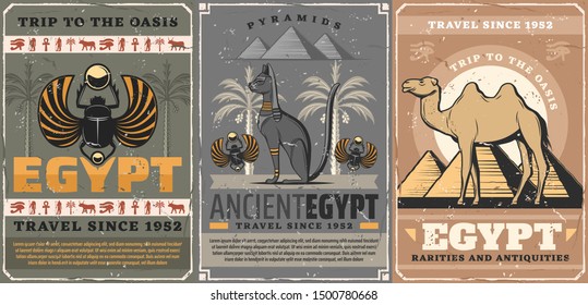 Egypt travel, religion and culture symbols. Vector egyptian scarab bug symbolic beetle, camel and pyramids, black cat. Scarabaeus sacer, Horus eye and Anubis, coptic cross and palm trees, retro style