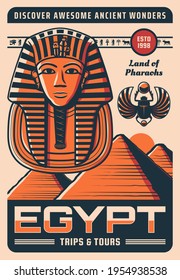 Egypt travel retro poster with vector ancient Egyptian landmarks. Pharaoh pyramids and Tutankhamen mummy death mask, scarab amulet, ankh symbol and hieroglyphs of palmtree, bull and Anubis god