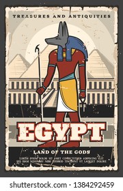 Egypt travel and tourist landmark tours vintage poster. Vector travel agency trips, ancient Egyptian Anubis god and Cairo pharaoh pyramids treasures