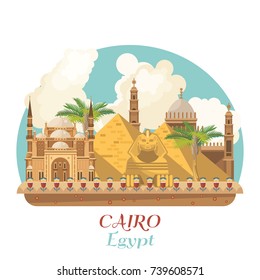 Egypt travel vector. Banner with traditional egyptian icons in flat design.