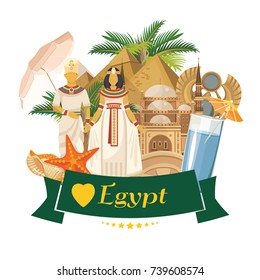 Egypt travel vector. Banner with traditional egyptian icons in flat design.