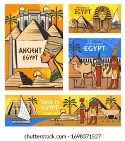 Egypt travel vector design with Ancient Egyptian pharaoh pyramids and gods. History and culture symbols of Egyptian mythology and religion, Sphinx, camel and Ankh sign, Tutankhamun mask, tomb, temple