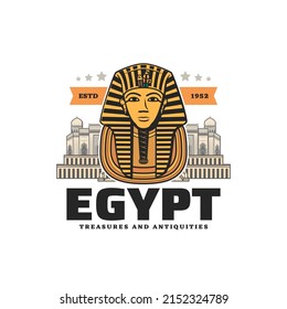 Egypt travel vector icon, Tutankhamun mask and Cairo. Ancient Egypt pharaoh history culture and mythology symbol for Egypt landmarks sightseeing and tourism