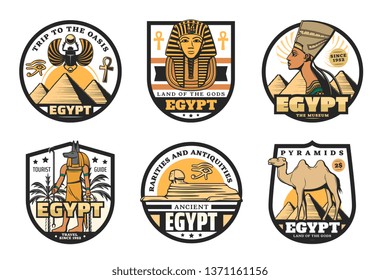 Egypt travel vector icons with ancient egyptian religion and culture symbols. Sphinx statue, pharaoh pyramids and tutankhamen sculpture, Anubis God, ankh sign and horus eye, desert camel and palm