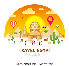 Egypt travel vector. Pyramid traditional design. with point markers design on sky and clouds orange background, illustration