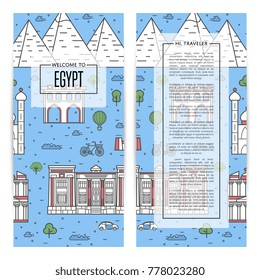 Egypt traveling flyers set with famous monuments. Touristic tour vector advertising for travel agency, time to travel concept. Egyptian architectural landmarks and traditional symbols in linear style.