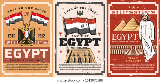 Egypt travels to land of Gods. Vector Pharaoh Ramesses temple, Abu Simbel religious building and muslim man in thawb or thobe, kandora or dishdasha. Falcon bird and Egyptian flag, deity signs