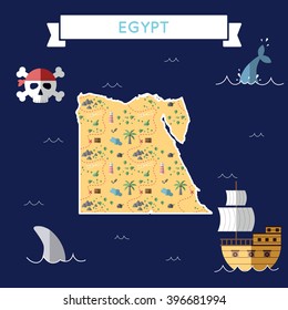 Egypt treasure map in flat design. Colorful cartoon treasure map of Egypt with flat design icons of pirate ship and jolly roger. Egypt flat design vector illustration.