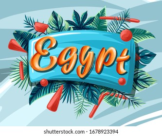 Egypt tropical leaves bright banner orange letters