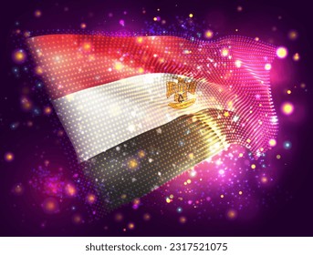 Egipto, bandera vectorial 3d sobre fondo púrpura rosa con iluminación y bengalas