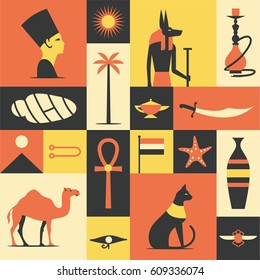 Egypt, vector flat illustration, icon set, travel background, pattern. Pharaoh, sun, palm tree, hookah, knife, mummy, pyramid, camel, eye, hieroglyph, flag, cat, bug, vase