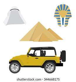 Egypt vector icon set- pyramids giza, tutankhamen mask,  shemagh and offroad jeep