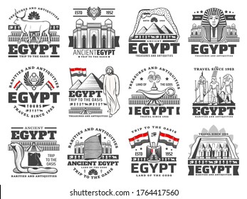 Egypt vector icons of culture, history, religion and travel. Ancient Egypt pharaoh pyramids, gods with eye of Horus and Ankh symbols, map, flag, heraldic eagle, Sphinx and Giza temples, Rosetta stone