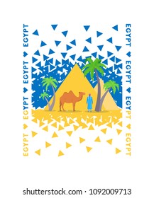 Egypt vector illustration isolated from white. Heart shapes, text, inscription, pyramids, camel, Arabic man wears traditional middle east clothes. Tourism advertisement design.