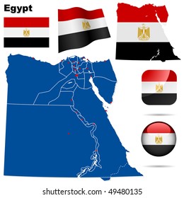 Egypt vector set. Detailed country shape with region borders, flags and icons isolated on white background.