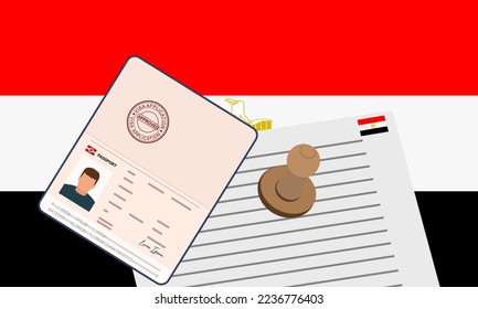 Egypt visa, open stamped passport with visa approved document for border crossing. Immigration visa concept. Background with Egypt flag. vector illustration