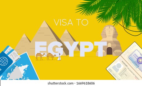 Egypt visa yellow banner. Passport, airline tickets, world map, Egypt visa, camel caravan, Egyptian pyramids and sphinx. Vector poster.