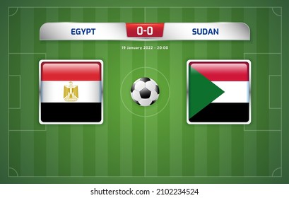 Egypt vs Sudan scoreboard broadcast template for sport soccer africa tournament 2021 Group D and football championship in cameroon vector illustration