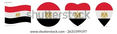 Egypt waving flag, round circle sticker badge, heart shaped icon, map pin. Egyptian flag buttons of different shapes. Vector illustration isolated on white.