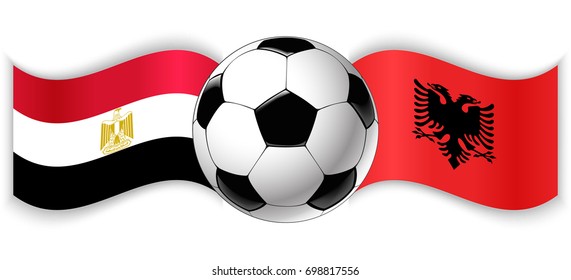 Egyptian and Albanian wavy flags with football ball. Egypt combined with Albania isolated on white. Football match or international sport competition concept.