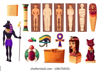 Egyptian ancient attributes of culture and religion set isolated on white background. Egypt deities and obsequies ritual items. Scarabaeus, Pharaoh tomb with mummies, gems. Cartoon vector illustration