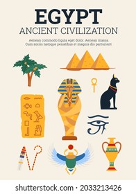 Egyptian ancient civilization art and historical heritage banner or poster design, flat vector illustration. Antique mythology, culture and religion of ancient Egypt.