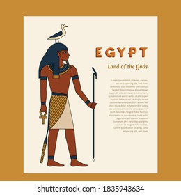 Egyptian ancient god Seb or Keb. The man is holding a staff. On the head are bird. Ankh. Vector illustration with place for the text.