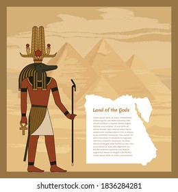 Egyptian ancient god Sobek. The man is holding a staff. On the head are bird. Ankh. Vector illustration with place for the text.