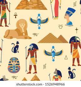 Egyptian ancient gods, religious symbols and pyramides seamless pattern cartoon vector illustration. Egypt culture travel and history symbols and elements background.