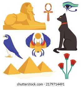 Egyptian ancient gods and sacred animals set, flat cartoon vector illustration isolated on white background. Egypt mythology symbols and religious icons collection.