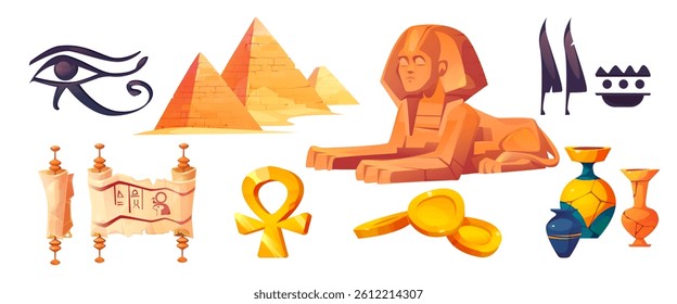 Egyptian ancient history symbols assets - stone Egypt pyramids, great sphinx statue and parchment scroll, pharaoh gold mask and clay pots, Horus eye and ankh cross. Historical decorative vector.