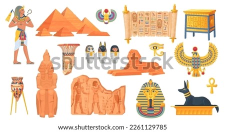 Egyptian ancient objects. Egypt ruine and history monuments, egyptians statue stone landmark, pharaoh pyramid myth animal sphinx civilization ingenious vector illustration of history ancient egyptian