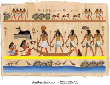 Egyptian ancient papyrus with different pictures and hieroglyphics