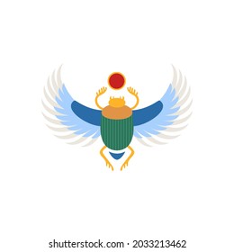 Egyptian ancient sacred scarab beetle with gold wings, flat vector illustration isolated on white background. Antique Egypt talisman, amulet or totem.