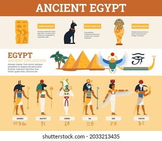 Egyptian ancient symbols and infographics collection including antique gods. Travel and tourist landmarks and historical objects set, flat vector illustration.