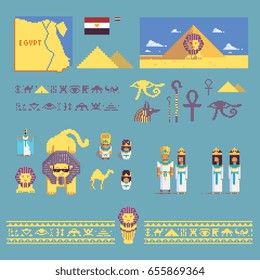 Egyptian ancient traditional theme various symbols, people wear traditional dresses, older architecture and various icons set. isolated on a blue background, vector illustration.