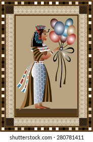 Egyptian ancient woman with balloons. Isolated figure of egypt goddess. Vector illustration. 