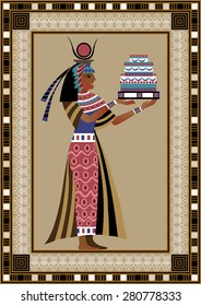 Egyptian ancient woman with cake. Isolated figure of egypt goddess. Vector illustration. 