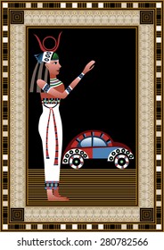 Egyptian ancient woman with car. Isolated figure of egypt goddess. Vector illustration. 