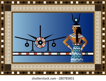 Egyptian ancient woman with plane. Isolated figure of egypt goddess. Vector illustration. 
